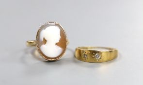 An 18ct and two stone gypsy set diamond ring, gross 2.6 grams and a 9ct gold cameo portrait ring,