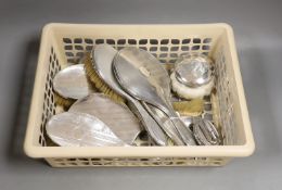 A George V silver mounted five piece mirror and brush set by A & J Zimmerman, five other silver