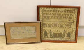 A 19th century cross stitch alphabet sampler, lower panel, depicting a house birds and trees,