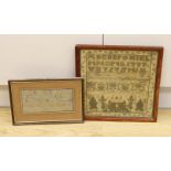 A 19th century cross stitch alphabet sampler, lower panel, depicting a house birds and trees,