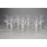 Seven Lalique Langeais no.2 water glasses with striated and frosted ball on stem - 14.5cm tall