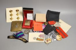 A GSM with Palestine clasp, other medals and militaria, three compacts and cigarette lighter