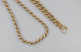 A yellow metal rope twist necklace, 48cm, 12.9 grams.