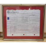 A framed 19th century indenture, for Henry Gilbert of Lingfield,71 cms wide x 57 cms high.