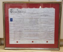 A framed 19th century indenture, for Henry Gilbert of Lingfield,71 cms wide x 57 cms high.