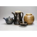 Geoffrey Whiting (1919-1988), a studio pottery teapot and coffee pot, a vase, together with an