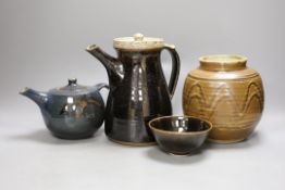 Geoffrey Whiting (1919-1988), a studio pottery teapot and coffee pot, a vase, together with an
