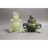A Chinese green soapstone tripod censer and cover and a group of Chinese bowenite jade carvings-