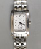 A lady's modern stainless steel Longines rectangular dial quartz wrist watch, with box and papers,