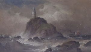 English school, c.1900, oil on board, lighthouse amongst rough seas, 12 x 20cm