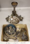A silver plated sphinx epergne stand and other mixed plated wares
