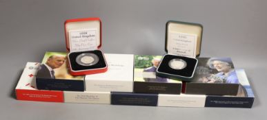 UK Royal Mint commemorative silver proof coins - eight £5 to include platinum wedding anniversary