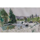 Haigh, ink and watercolour, French river landscape, signed in pencil, 31 x 49cm