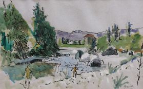 Haigh, ink and watercolour, French river landscape, signed in pencil, 31 x 49cm