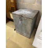 A vintage galvanised grain bin with locking hasp, width 58cm, depth 58cm, height 80cm