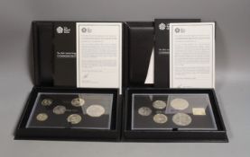 Two UK Royal Mint commemorative edition proof coin sets for 2014 and 2015, cased with certificates