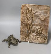 A bronze abstract wall panel depicting a female amongst a lion, 24.5 x 18.5cm, together with a