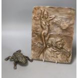 A bronze abstract wall panel depicting a female amongst a lion, 24.5 x 18.5cm, together with a