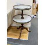 A reproduction mahogany and reconstituted marble two tier dumb waiter, height 92cm