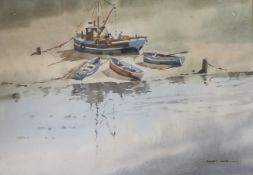 Sydney Vale (1916-1991), watercolour, Beached fishing boats, signed, 36 x 51cm
