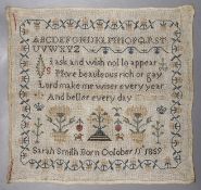 A 19th century cross stitch sampler by Sarah Smith, dated 1859 - 40 x 40cm