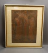 An etched copper crucifixion panel, 30 cms x 40 cms.