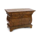 An early 19th century Baltic region burr wood commode, with rectangular top and lyre shaped sides,