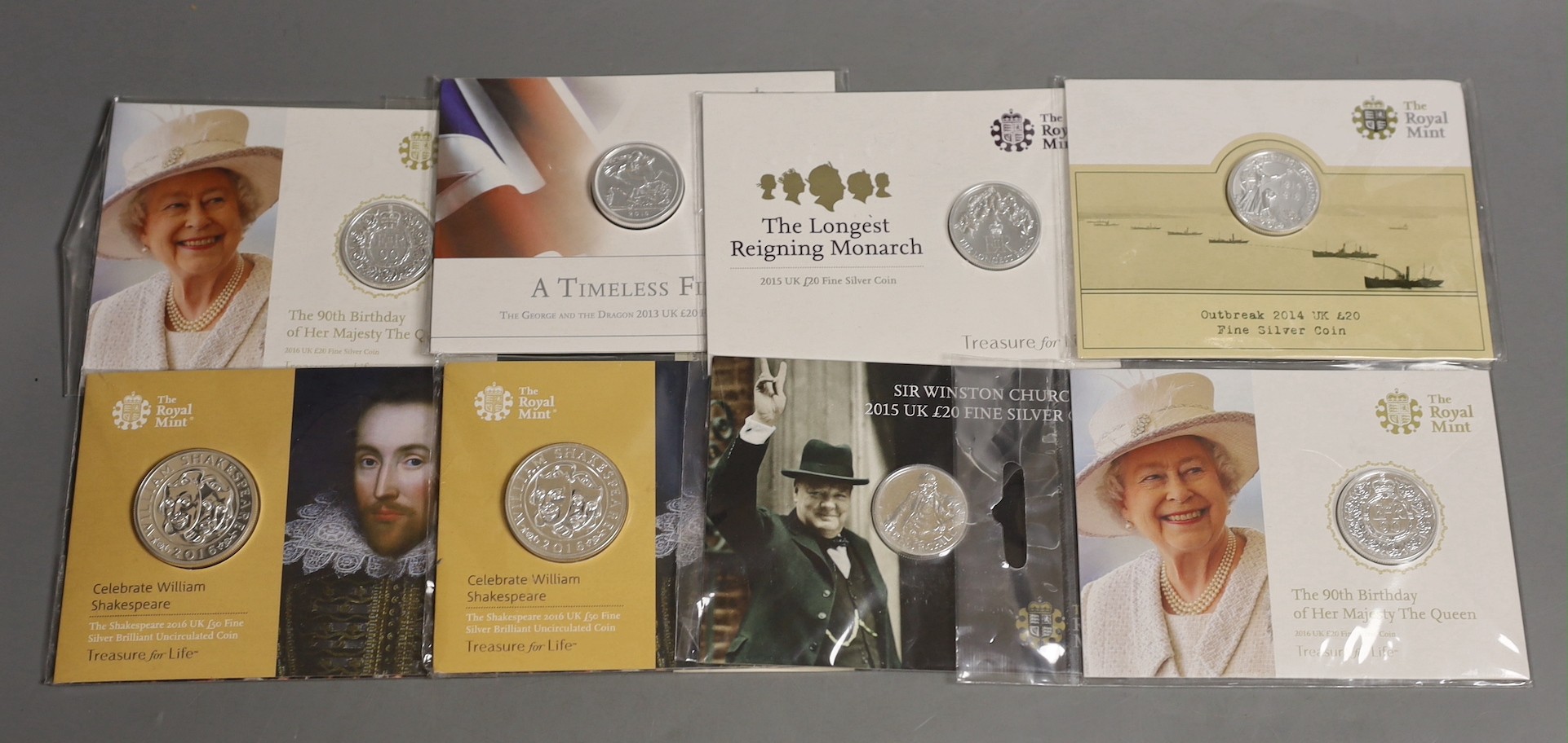 UK Royal Mint commemorative silver coins – two 2016 £50 coins and six £20 coins comprising 2013,