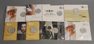 UK Royal Mint commemorative silver coins – two 2016 £50 coins and six £20 coins comprising 2013,