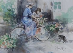 Gordon King (b.1939), watercolour, Ladies on bikes, signed, 53 x 70cm