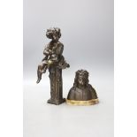 A bronze putto on column and a spelter bust of Christ - tallest 26cm