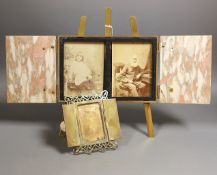 A brass and marble mounted diptych easel frame and a brass and agate mounted easel photo frame,