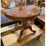 A mid Victorian tulip banded burr walnut 'D' shaped folding card table width 92cm, depth 45 cm,