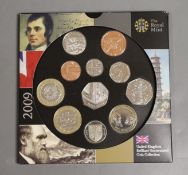 UK Royal Mint brilliant uncirculated 2009 coin collection, including the scarce Kew Gardens 50p