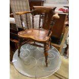 A Victorian style burr yew and fruitwood Windsor smoker's bow elbow chair, width 64cm, depth 49cm,