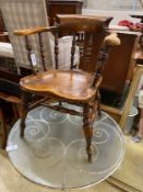 A Victorian style burr yew and fruitwood Windsor smoker's bow elbow chair, width 64cm, depth 49cm,