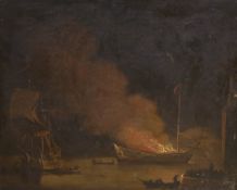 English School, early 19th century, Circle of Luny, oil on canvas, Ship on fire in a harbour - 24