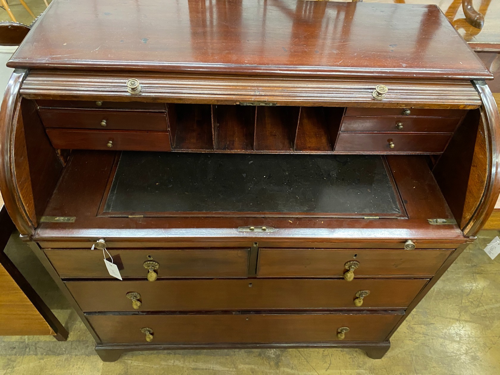 A George IV mahogany tambour cylinder bureau fitted four drawers, width 102cm, depth 57cm, height - Image 2 of 2