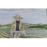 Moira Hoddell, pencil and watercolour, Self portrait sketching in a field, signed and dated 1993, 40
