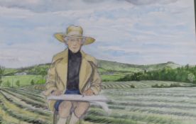 Moira Hoddell, pencil and watercolour, Self portrait sketching in a field, signed and dated 1993, 40