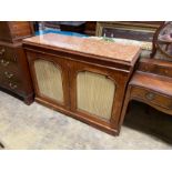 A Victorian marble top two door side cabinet, width 126cm, depth 49cm, height 93cm