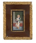 An early 20th century Italian pietra dura plaque depicting an elegant lady holding a lorgnette and