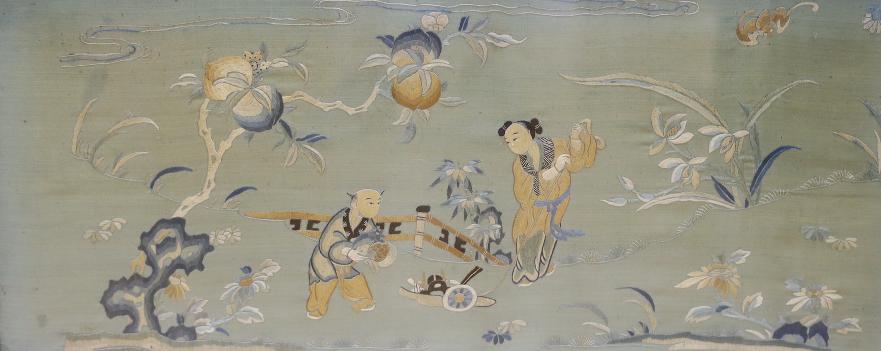 A 19th century framed Chinese polychrome silk embroidered panel,68 cms wide x 34 cms high. - Image 2 of 3