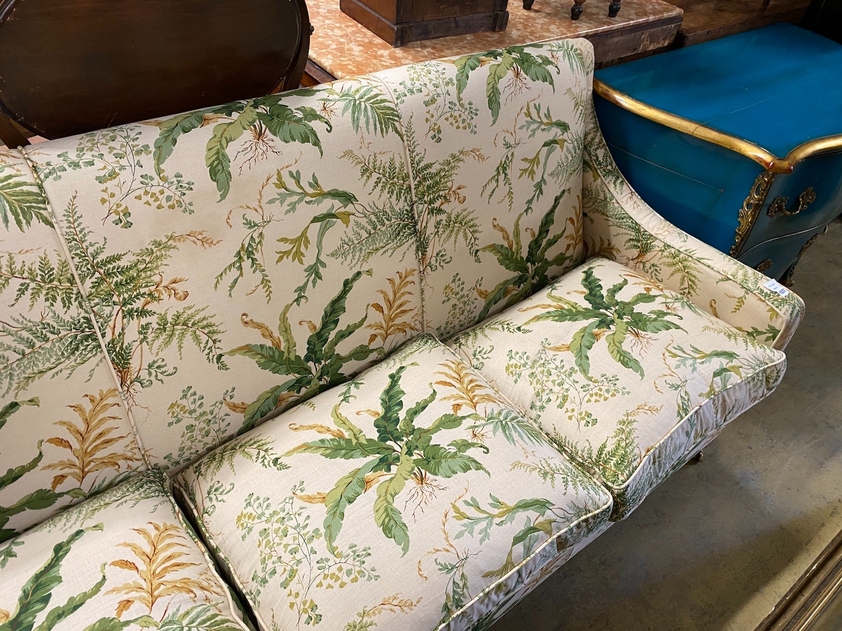 A “Highly Sprung Ltd” Colefax and Fowler fabric three seater sofa with feather cushion seats, - Image 3 of 4