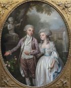 Late 18th century English School Three quarter length portrait of a husband and wife admiring