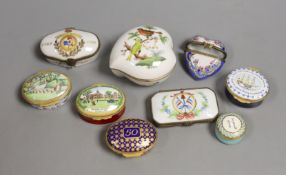 Four Halcyon Days enamel boxes, a Herend Rothschild Bird box and cover, and other trinket boxes (9)