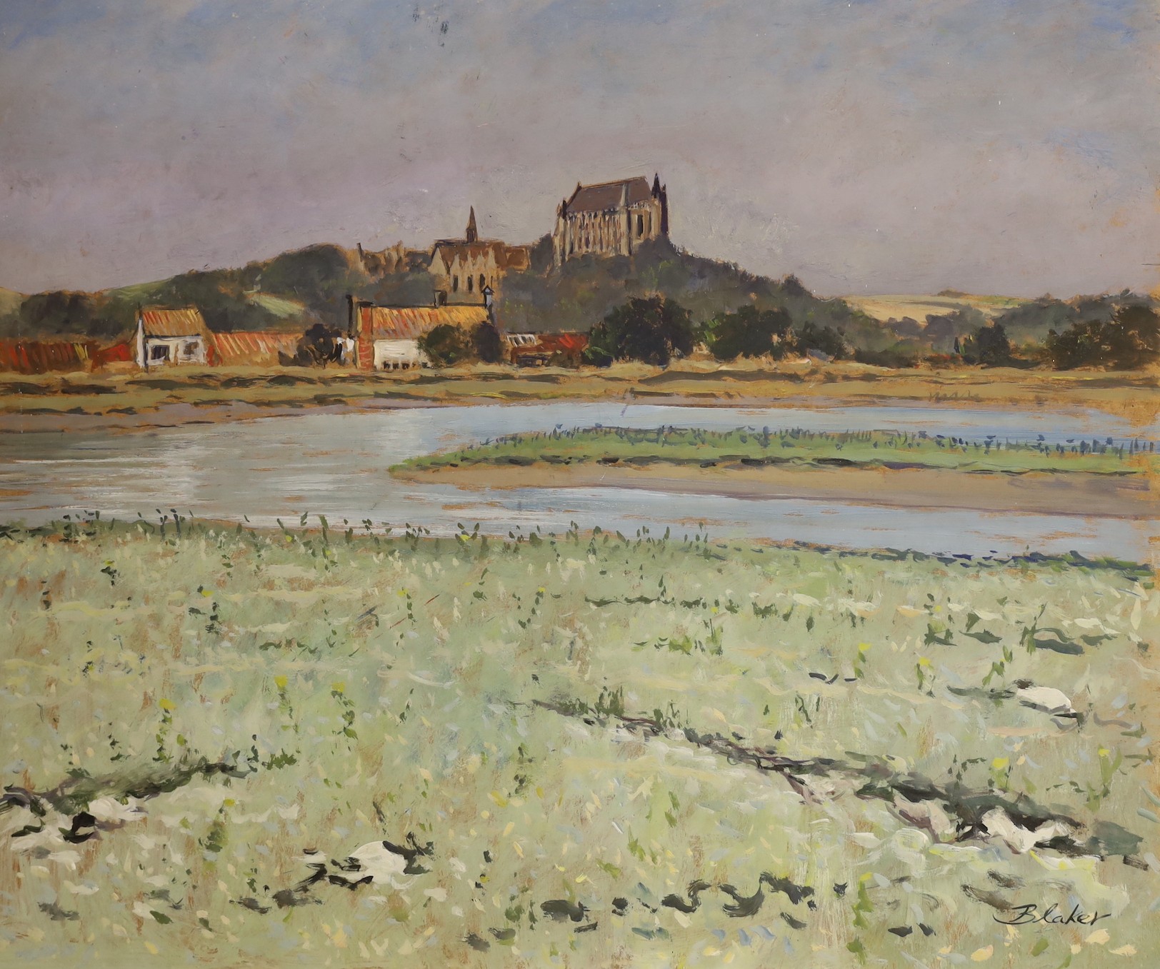 Michael Blaker (1928-2018) - Lancing College from the river Arun, oil on board, signed, unframed, 51