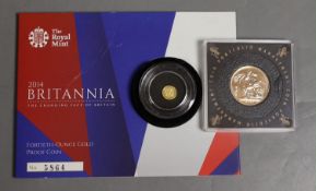A UK 2016 gold sovereign, in a capsule and a Royal Mint 2014 Britannia 40th ounce gold proof coin (