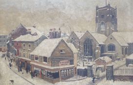 L. Windsor (19th C.), oil on canvas, Street scene under snow with Kingston House on the corner,