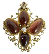 A Victorian gold, four stone garnet and three stone split pearl set mourning pendant brooch, with